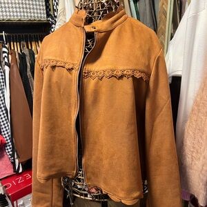 SHEIN Tan  faux suede Bomber Jacket with Lace and floral Detail